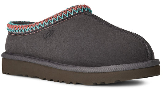 Gray slipper with a brown sole and a patterned, multi-color upper edge.