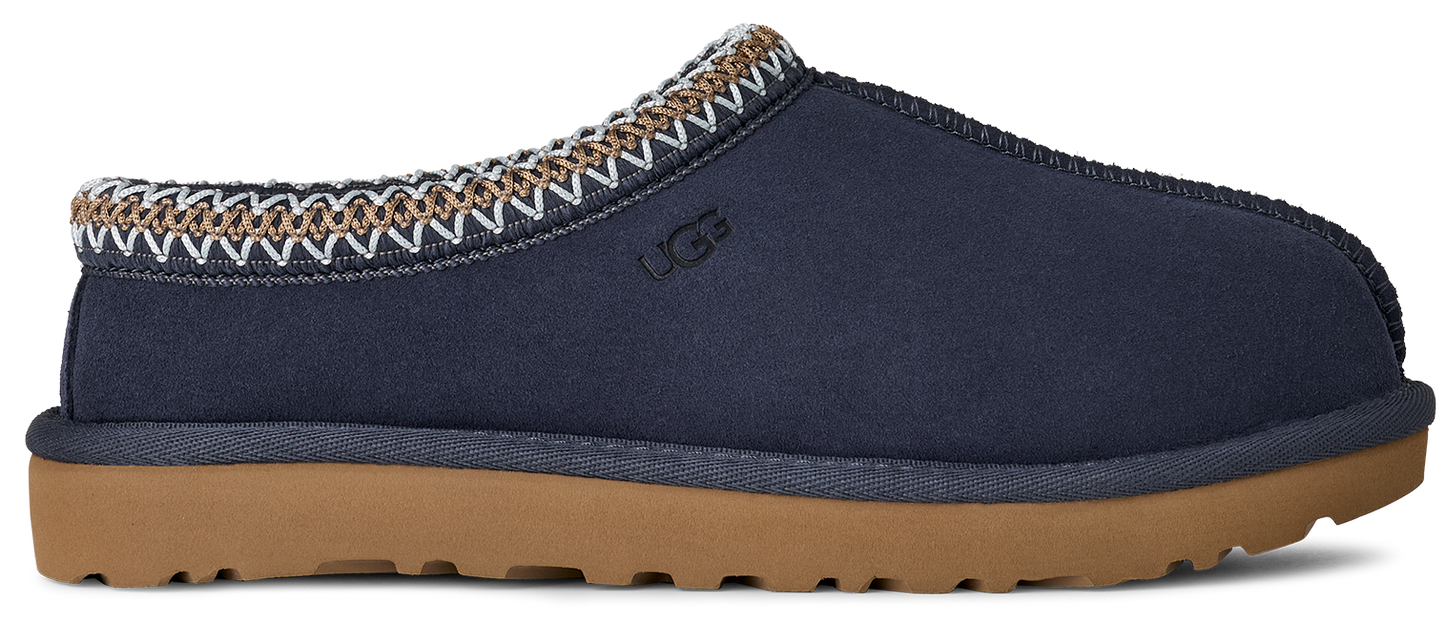 Navy UGG slipper with light brown sole and decorative stitching.