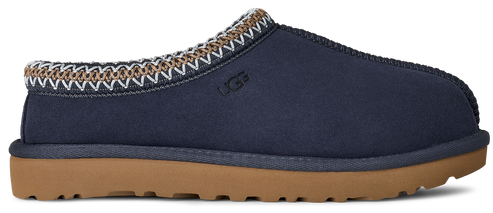 Navy UGG slipper with light brown sole and decorative stitching.