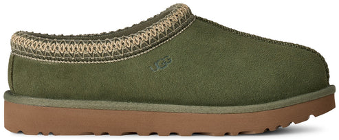 An olive green suede Tasman slipper featuring a decorative braided collar with tan embroidery and a brown rubber sole, with an embossed brand logo on the side.