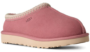 Rose pink, suede, slip-on style slipper with zig-zag pattern trim and platform sole.