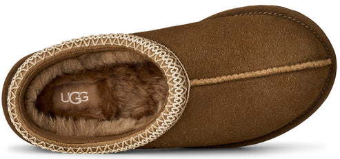 A brown suede slipper from a top-down perspective, featuring a beige decorative stitched trim around the opening and a plush brown faux fur interior with the UGG logo visible on the footbed.
