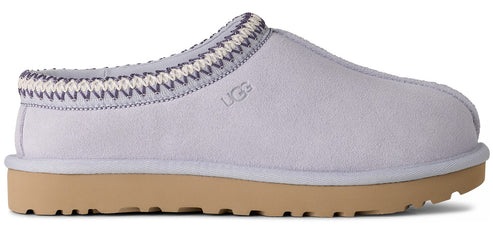 Slip-on style shoe in lavender with a tan sole and a lavender and white knit cuff.