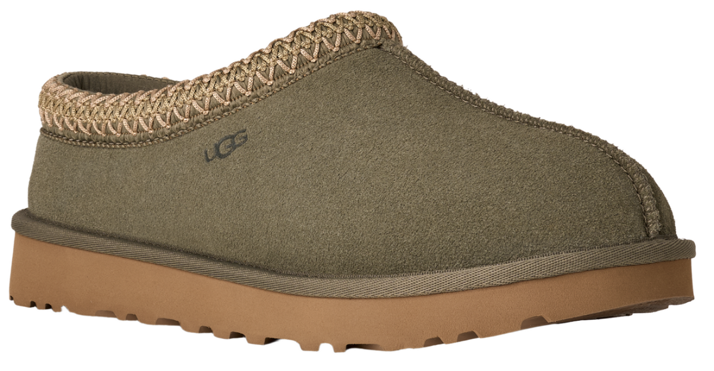 Olive green slipper with a knit trim and light brown sole.