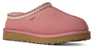 Pink suede slipper with patterned trim and tan sole.