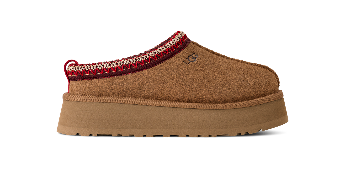 A slip-on UGG shoe with a platform sole and a colorful knit collar.