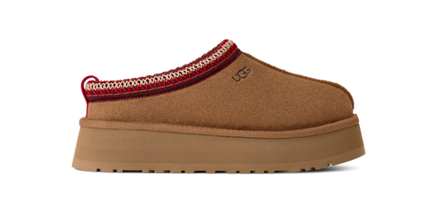 A slip-on UGG shoe with a platform sole and a colorful knit collar.