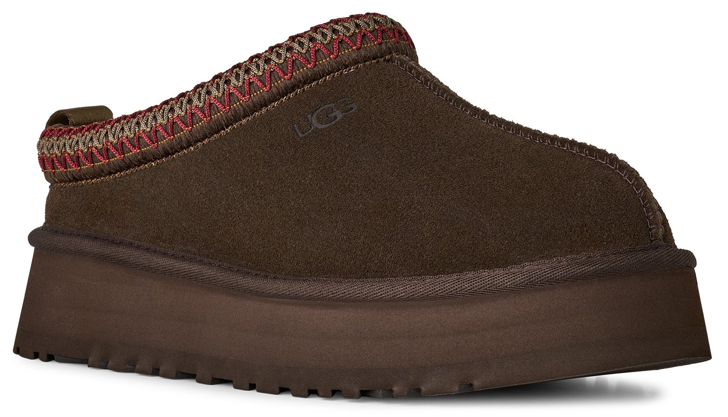 Chocolate suede platform slipper with tan and red knitted trim around the opening.