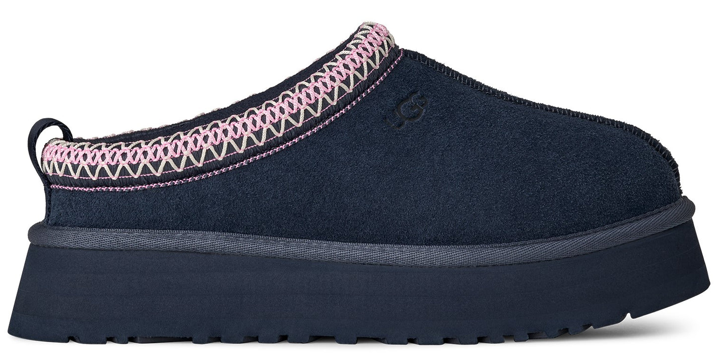 Navy blue clog with pink and white trim.