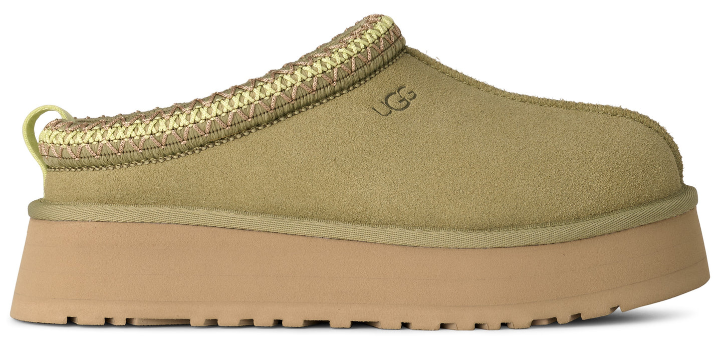 Khaki UGG slide with a thick beige platform sole.