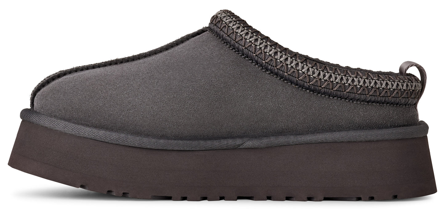 A gray UGG Tasman mule slipper with a raised sole.