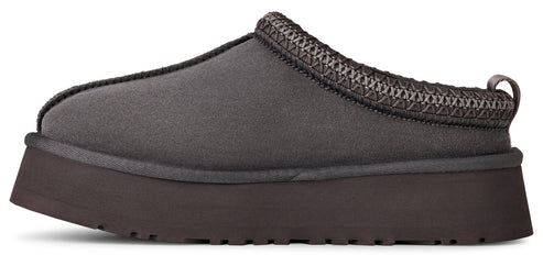 A gray UGG Tasman mule slipper with a raised sole.