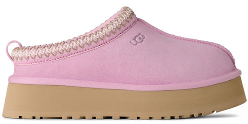 Pink suede slipper with beige platform sole and knitted trim.