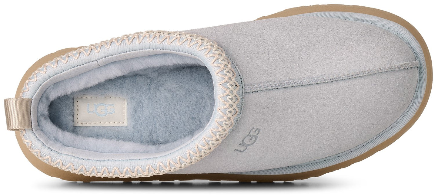 A light grey suede slip-on slipper viewed from above, featuring a tan rubber sole, a braided trim around the collar, a plush light blue sheepskin-lined interior, and the text UGG embossed on the side and on a small label on the insole.