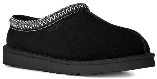 Black slipper with decorative stitching along the top edge.