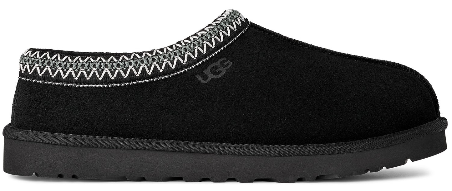 Black UGG slipper with gray and white decorative stitching around the opening.