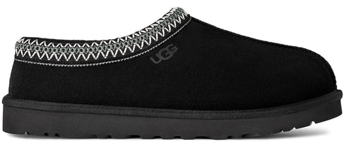 Black UGG slipper with gray and white decorative stitching around the opening.