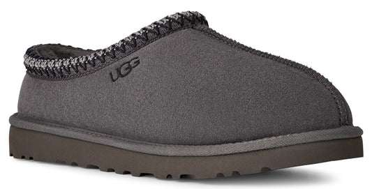 Charcoal slipper with woven trim around the opening and a brown sole; the letters UGG are visible on the side.