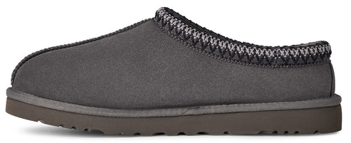 A dark grey slipper with a woven trim.