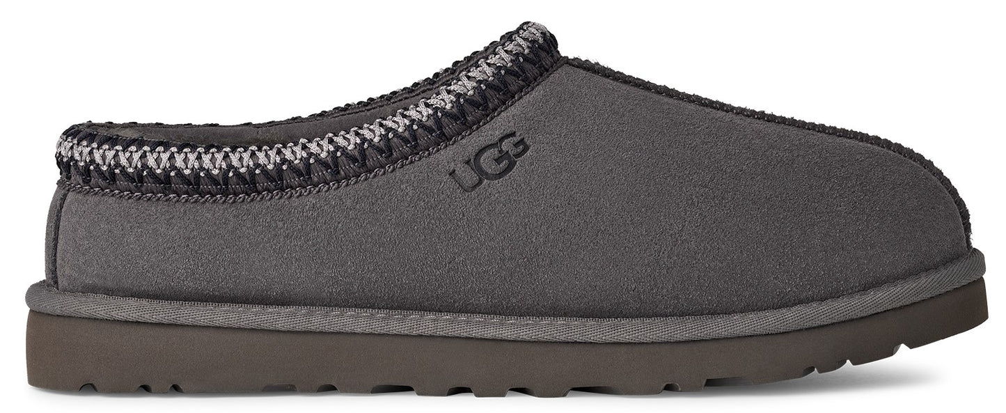 Gray UGG slipper with decorative trim.