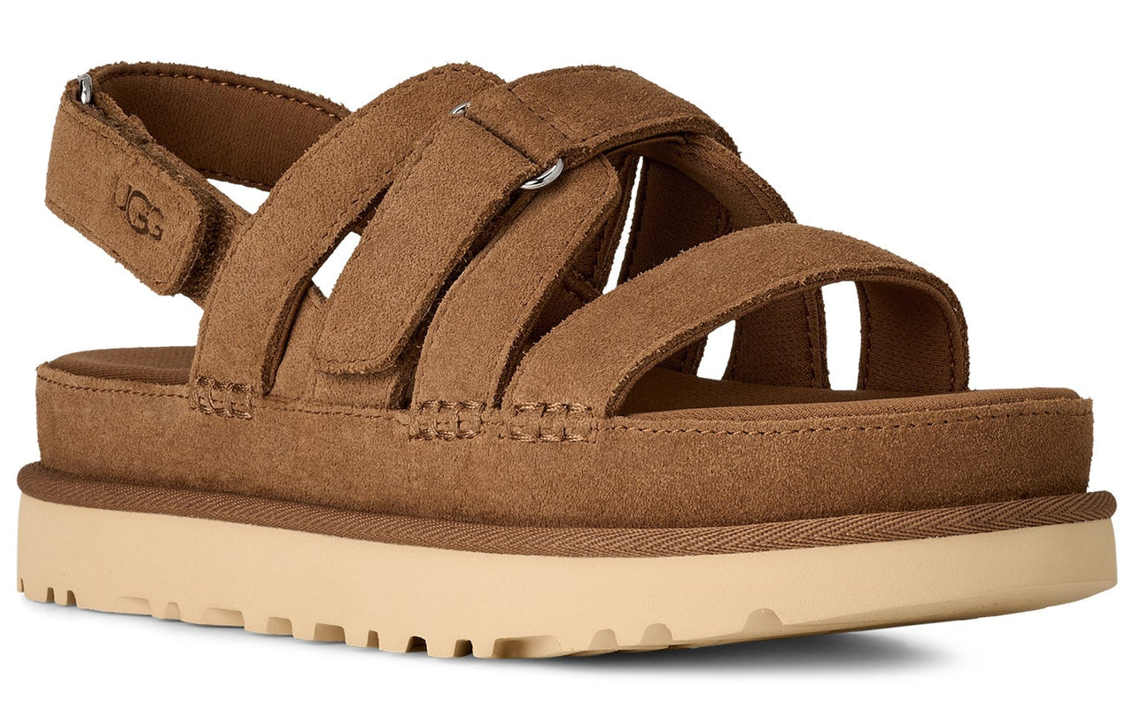 Suede sandal in brown with adjustable straps and UGG logo on the heel strap.