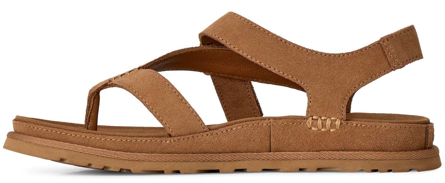 A tan sandal with straps and toe thong.