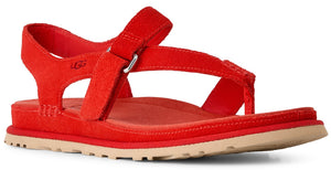 Red suede sandal with an adjustable strap and toe thong.