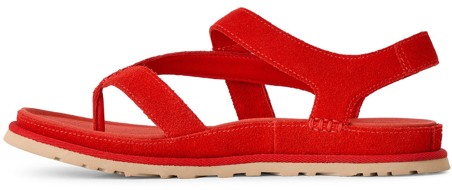 Red strappy sandal with toe post.