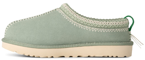 A mint green shoe with a white sole and white stitching.
