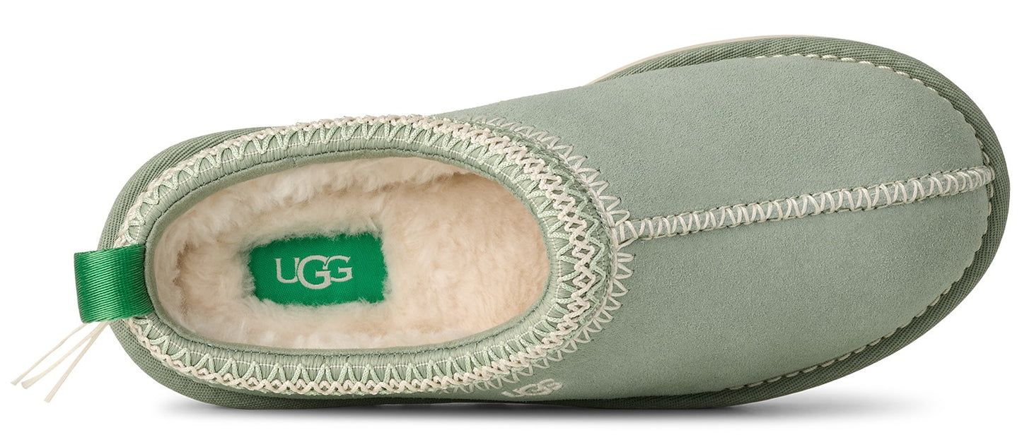 A pair of slippers with green exterior and faux fur interior and a green pull tab.