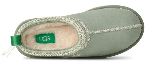 A pair of slippers with green exterior and faux fur interior and a green pull tab.