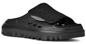 Black slide sandal with thick lug sole and breathable top.