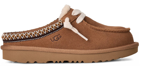 A brown UGG shoe with white shoelaces and decorative stitching.