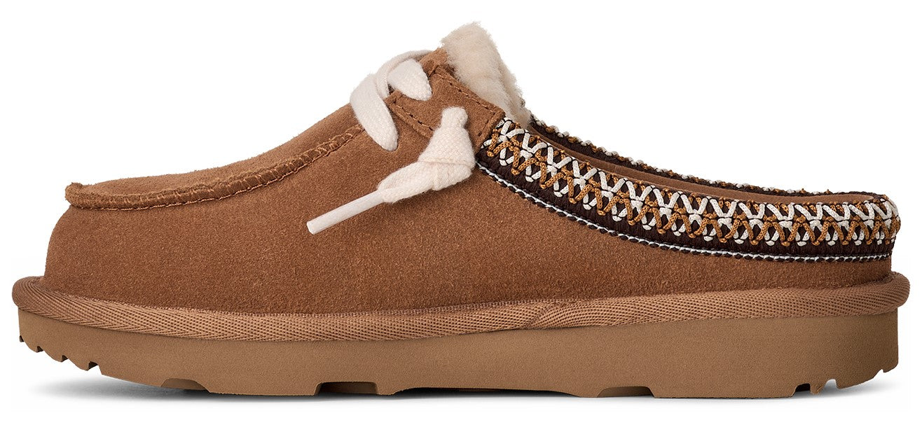 Tan clog slipper with decorative laces.