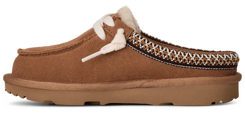 Tan clog slipper with decorative laces.