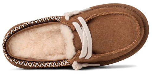 Tan suede moccasin slipper with shearling lining and off-white laces.