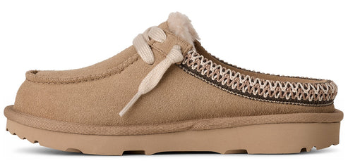Tan colored, suede, slip-on shoe with faux fur trim.