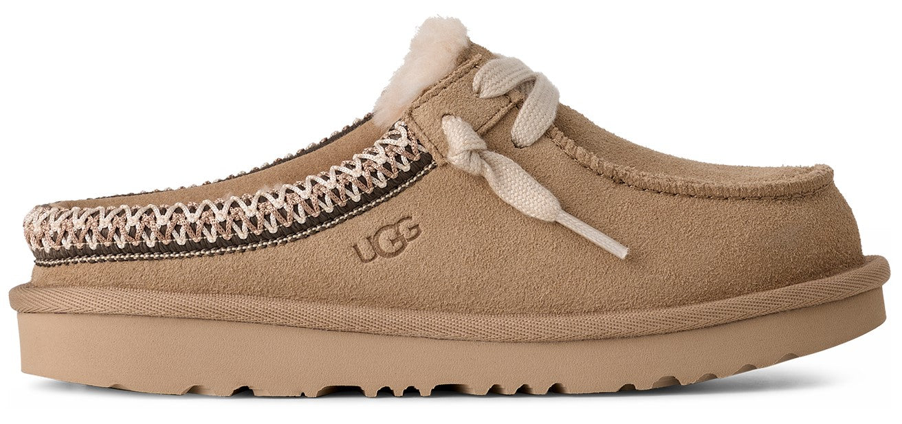 A tan slipper with laces and a brown and white patterned trim.