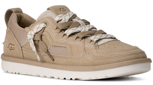 Tan suede sneaker with white laces and a white rubber sole.