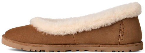 A tan suede slipper with a rounded toe, a flat rubber sole, and a white plush sheepskin collar extending from the top opening.
