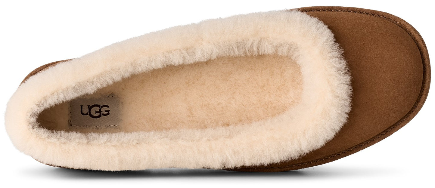 A brown suede slipper from a top-down view, lined with thick, cream-colored sheepskin fleece, showing an UGG brand label inside the heel.