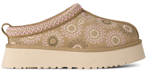 Beige platform slip-on with floral design and visible "UGG" logo.