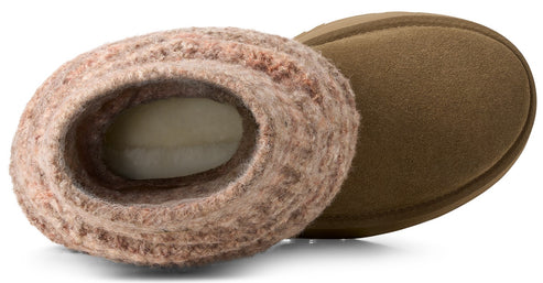 A top-down view of a tan suede ankle boot with a fuzzy, textured, light brown knit cuff.