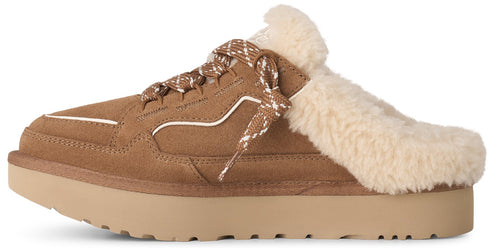 A tan suede platform slip-on mule with a thick rubber sole, featuring a cream-colored shearling collar, white decorative piping, and a patterned lace-up front detail.