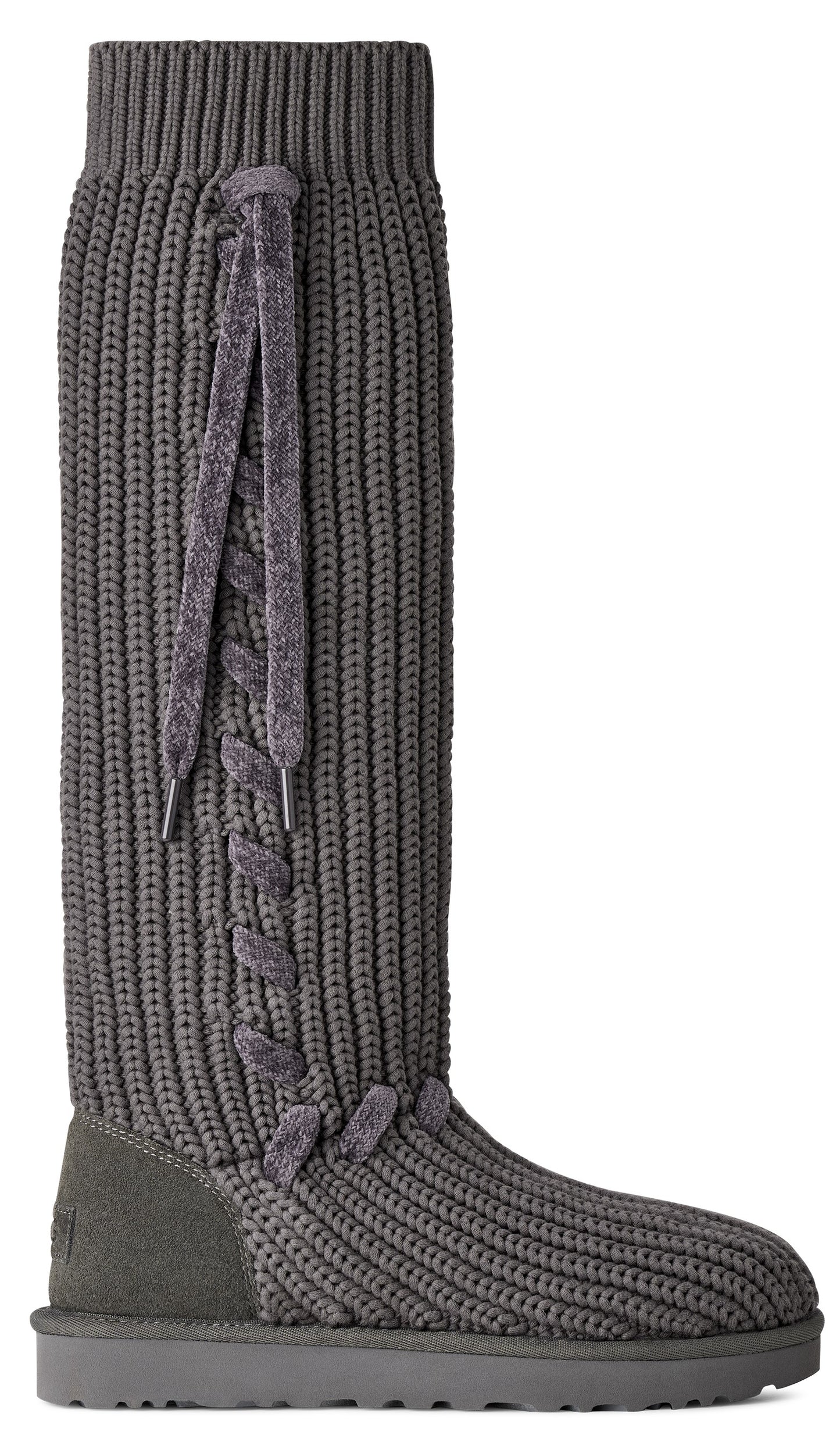A tall, charcoal-grey knitted boot with a ribbed texture, featuring a vertical decorative velvet lace-up detail along the side and a smooth suede heel counter.