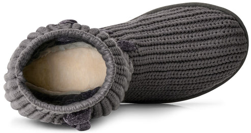 A gray ribbed knit boot seen from a top-down angle, showcasing a light-colored, plush-lined interior.