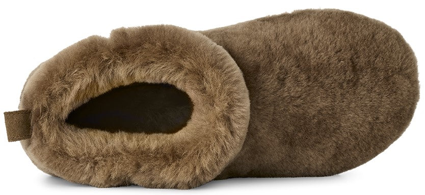 A top-down view of a fuzzy, taupe-colored indoor slipper with a thick, plush shearling-lined collar and a small pull tab at the heel.