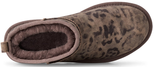 A brown suede ankle boot with a fuzzy interior lining and a dark brown leopard-print pattern, shown from a top-down perspective.