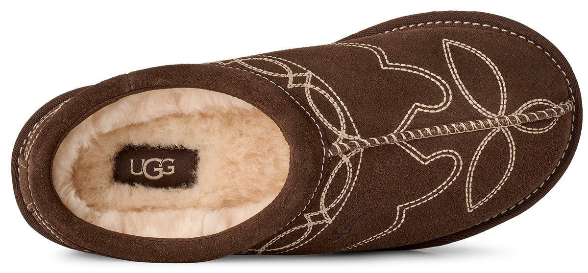 Top view of a brown suede UGG brand clog-style slipper with off-white fleece lining and white decorative stitching on the vamp.