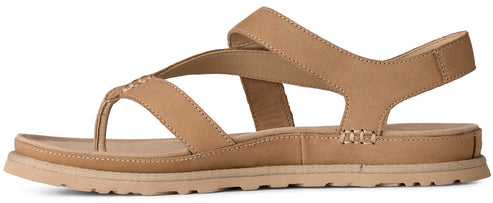 Tan leather sandal with multiple straps.